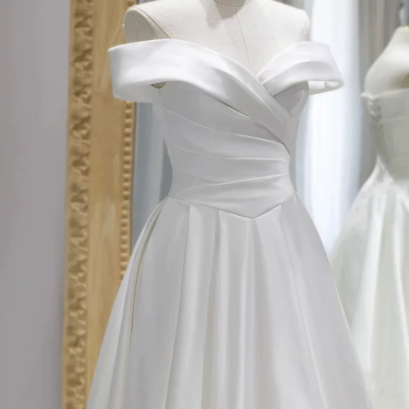 Classy A line Off The Shoulder Short Sleeves Floor Length Satin Wedding Dresses