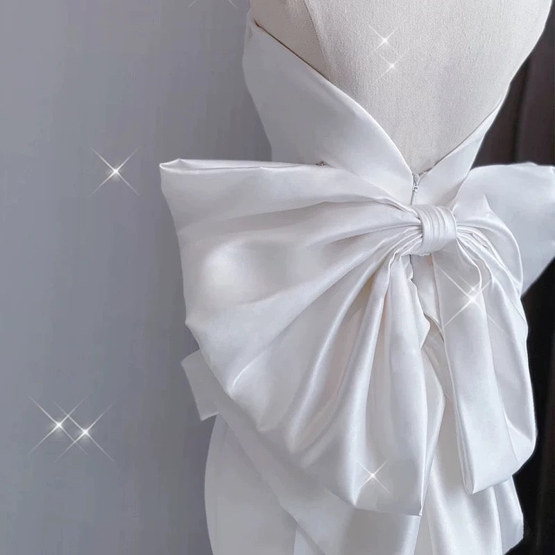 Timeless Mermaid Strapless Long Satin White Wedding Dresses With Bow