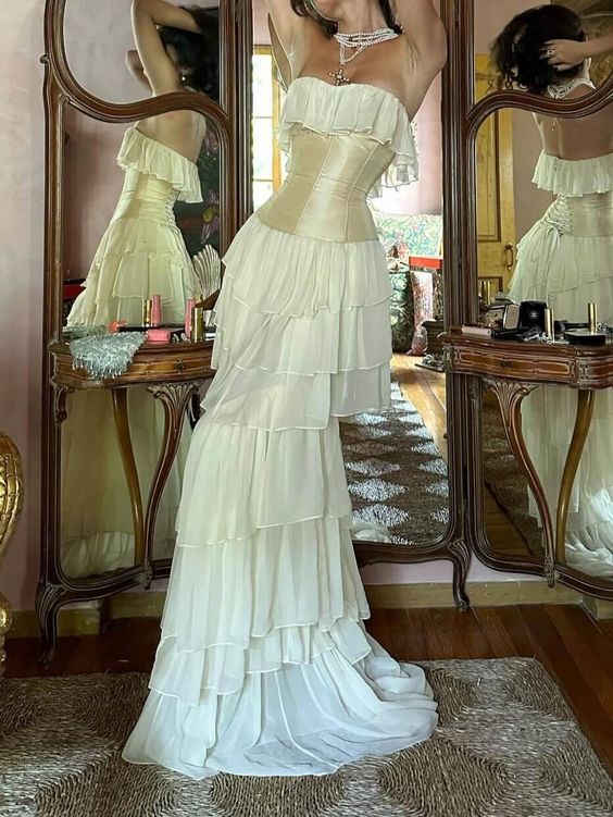 Sexy Sheath Strapless Chiffon Long White Prom Dresses