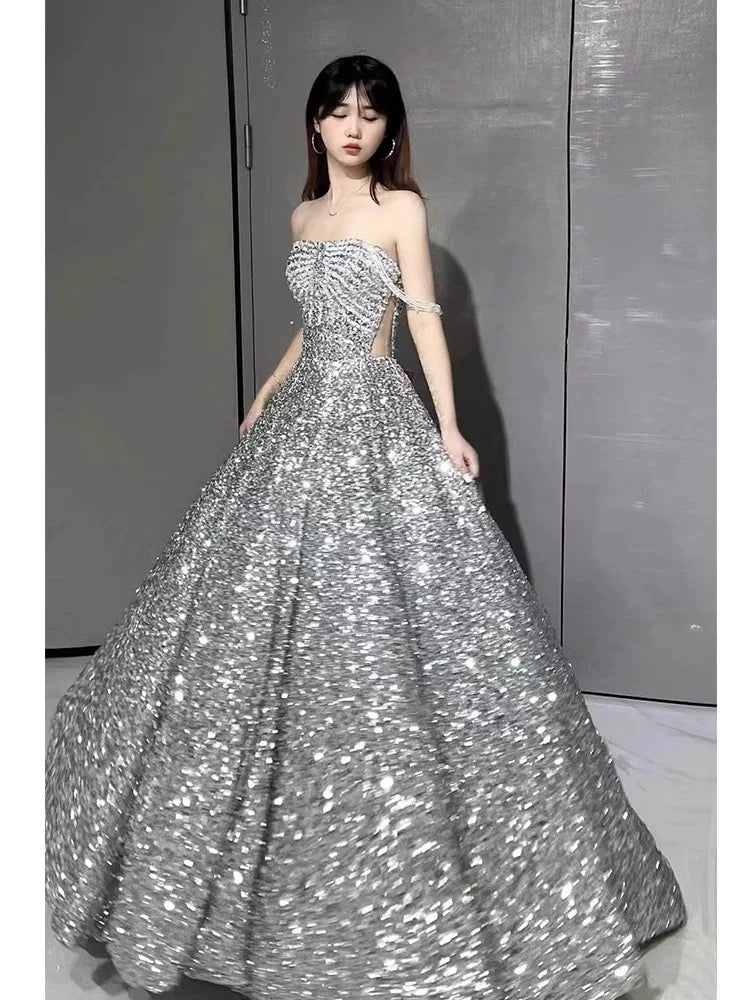 Sexy Ball Gown Off The Shoulder Silver Sequin Long Prom Dresses