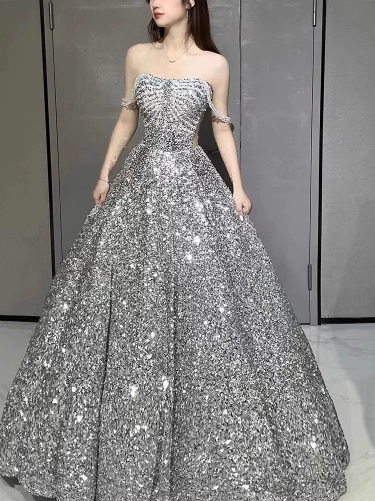 Sexy Ball Gown Off The Shoulder Silver Sequin Long Prom Dresses