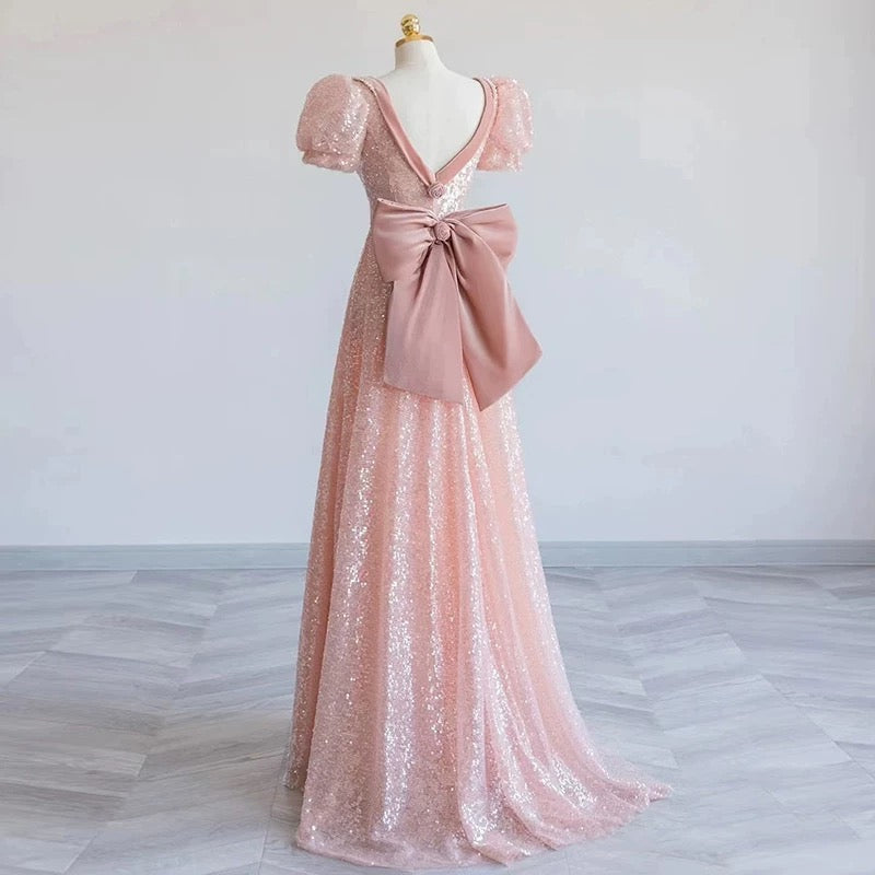 Elegant A Line Sweetheart Pink Sequin Long Prom Dress