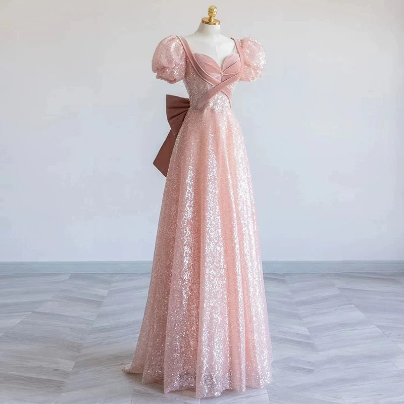 Elegant A Line Sweetheart Pink Sequin Long Prom Dress
