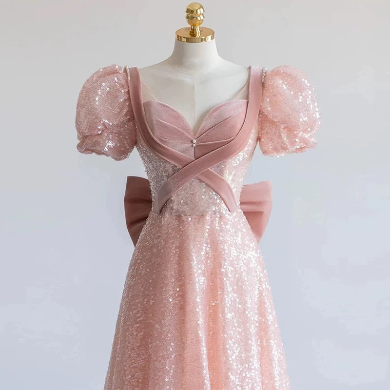 Elegant A Line Sweetheart Pink Sequin Long Prom Dress