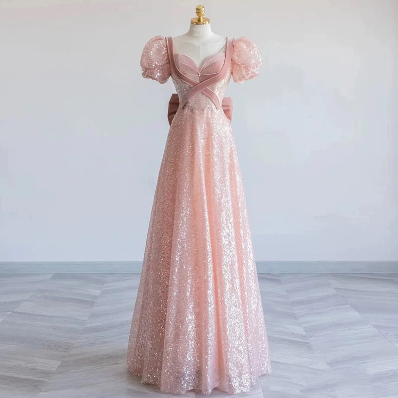 Elegant A Line Sweetheart Pink Sequin Long Prom Dress