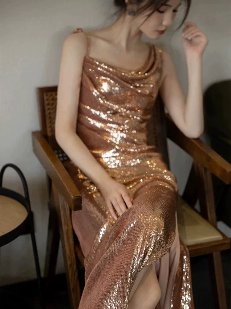 Elegant Sheath Backless Gold Sequin Long Prom Dresses