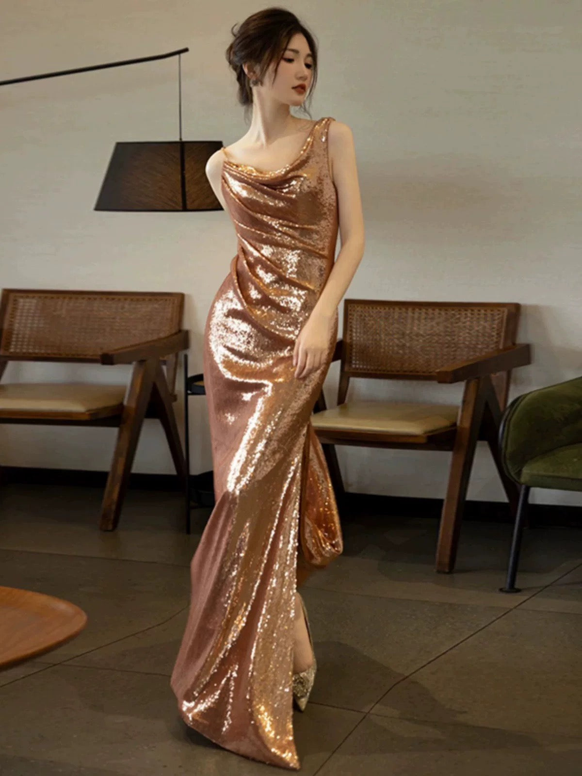 Elegant Sheath Backless Gold Sequin Long Prom Dresses