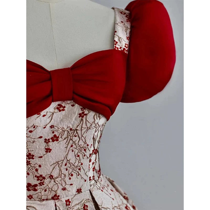 Elegant Ball Gown Puffy Sleeves Satin Red Long Prom Dresses