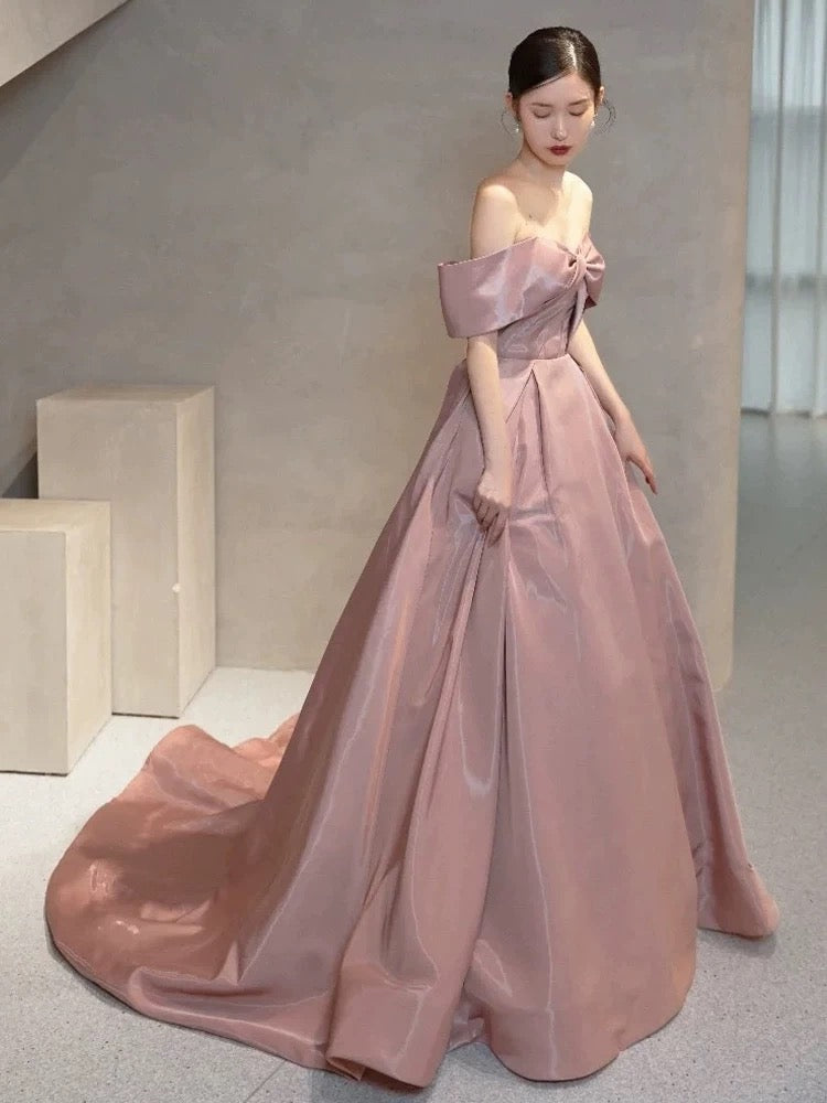 Elegant Ball Gown Off The Shoulder Satin Pink Long Prom Dresses