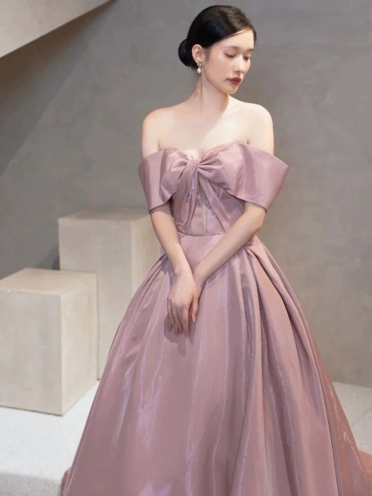 Elegant Ball Gown Off The Shoulder Satin Pink Long Prom Dresses