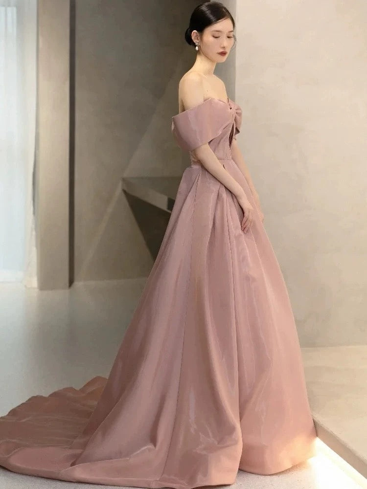 Elegant Ball Gown Off The Shoulder Satin Pink Long Prom Dresses