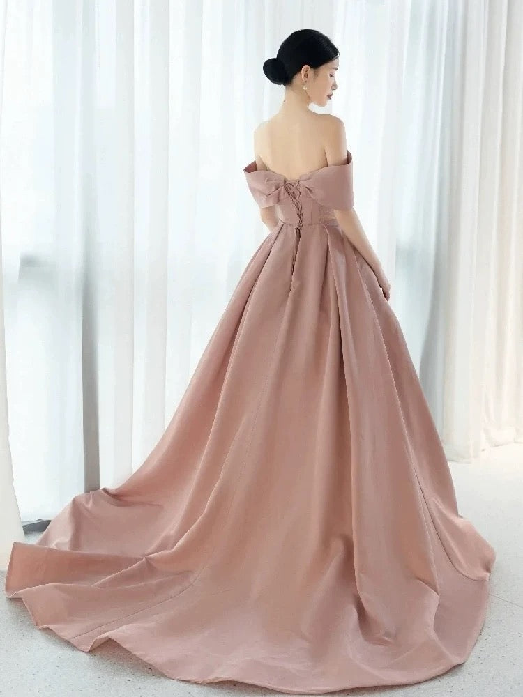 Elegant Ball Gown Off The Shoulder Satin Pink Long Prom Dresses