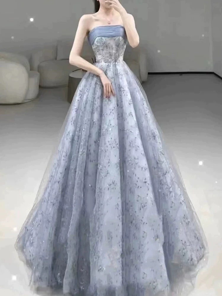 Elegant Ball Gown Strapless Gray Blue Sequin Long Prom Dresses