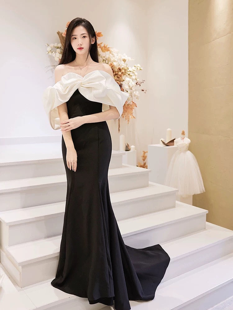 Modest Mermaid Off The Shoulder Satin Black Prom Dress Long Evening Dresses