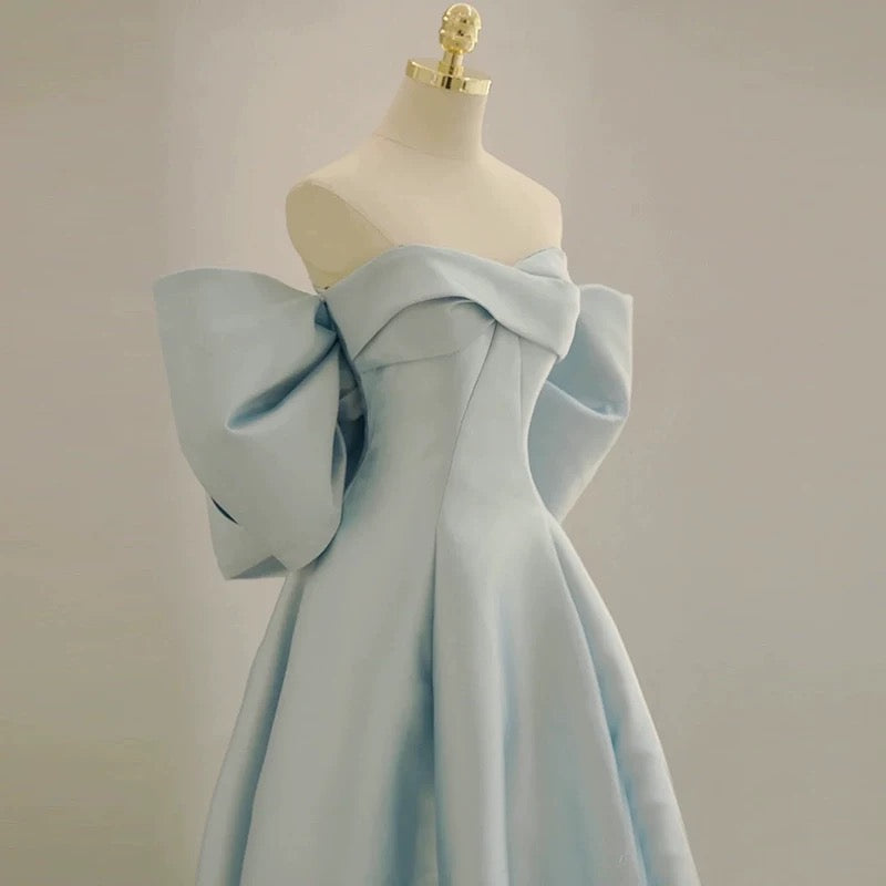 Modest A Line Off The Shoulder Satin Light Sky Blue Prom Dress Long Evening Dresses