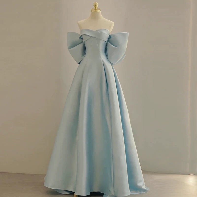 Modest A Line Off The Shoulder Satin Light Sky Blue Prom Dress Long Evening Dresses