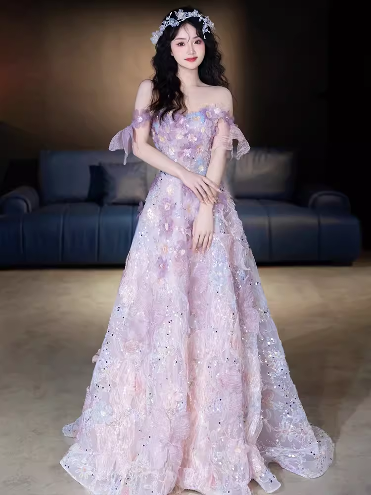 Cute A line Strapless Neckline Tulle Pink Flowers Wedding Dress