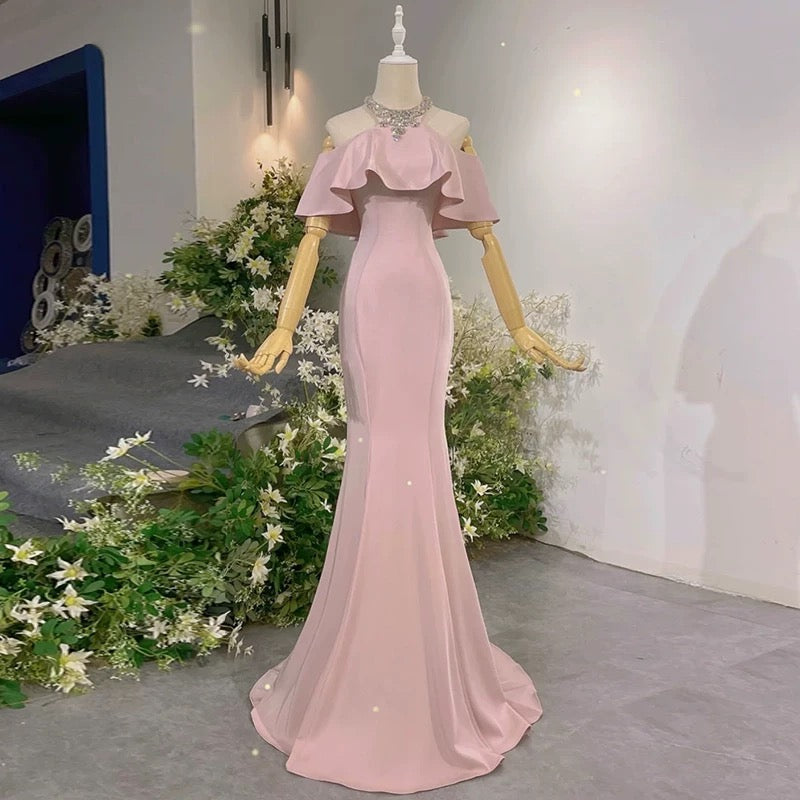 Elegant Sheath High Neckline Pink Satin Silver Beads Long Prom Dresses