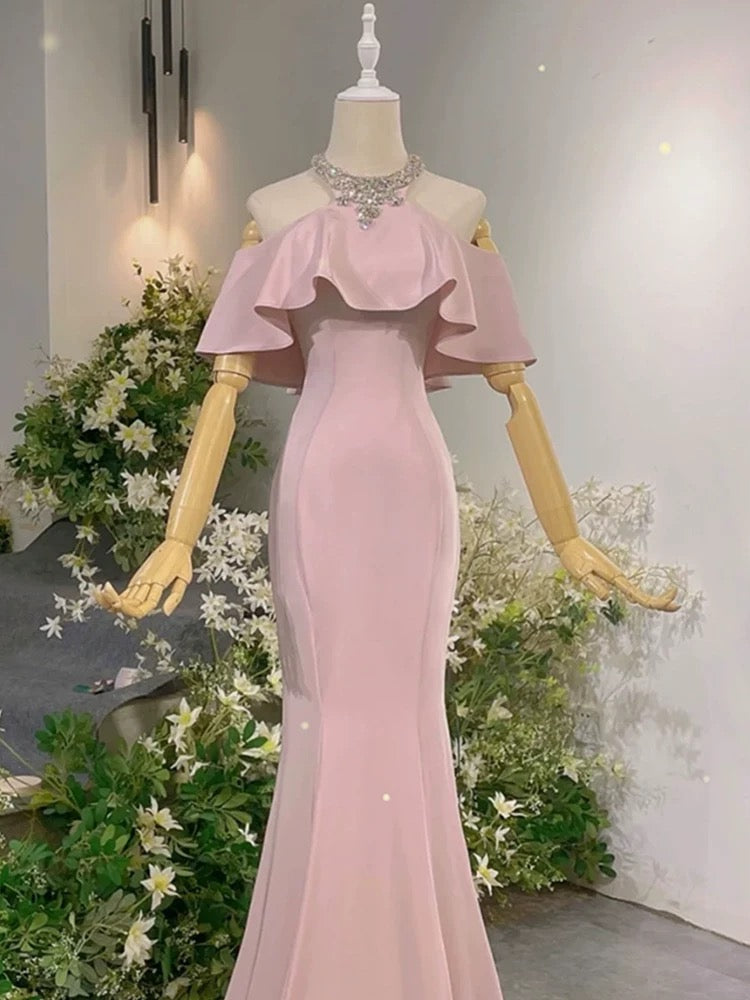 Elegant Sheath High Neckline Pink Satin Silver Beads Long Prom Dresses