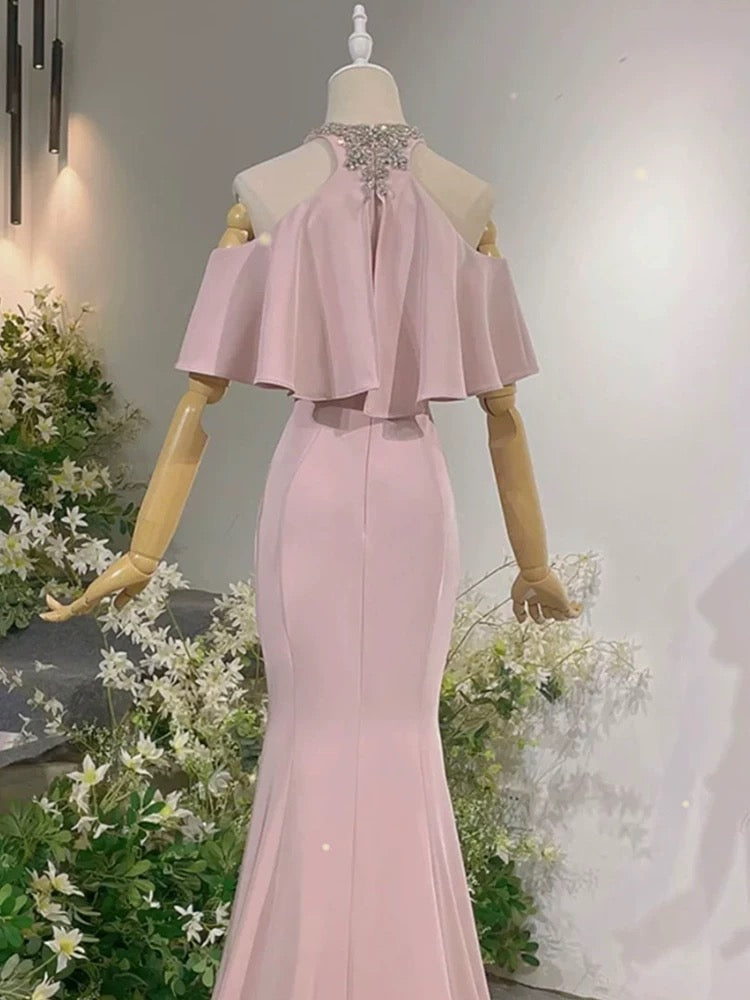 Elegant Sheath High Neckline Pink Satin Silver Beads Long Prom Dresses