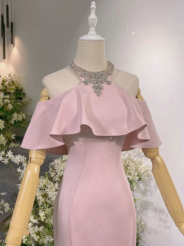 Elegant Sheath High Neckline Pink Satin Silver Beads Long Prom Dresses