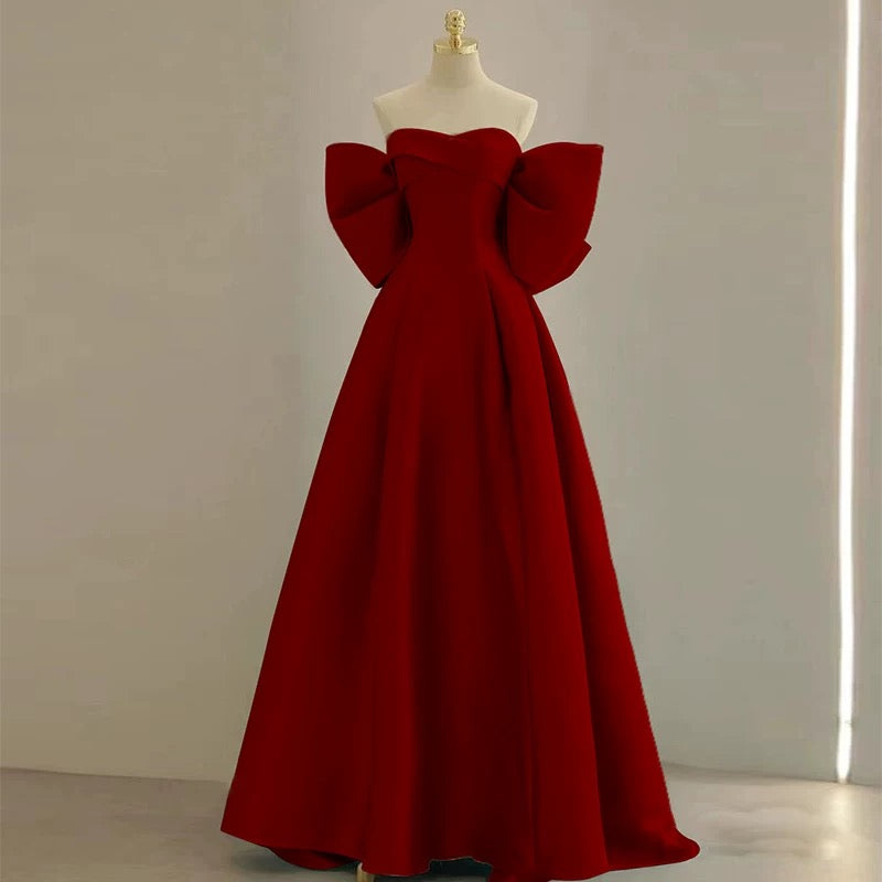 Modest A Line Off The Shoulder Satin Burgundy Prom Dress Long Evening Dresses With Bow