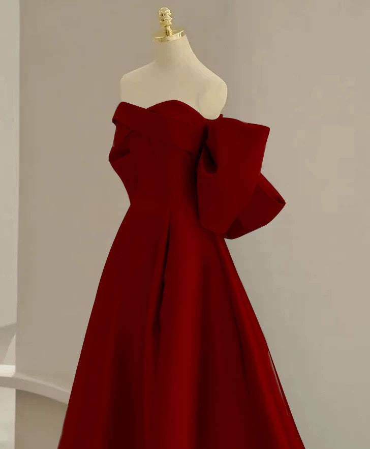 Modest A Line Off The Shoulder Satin Burgundy Prom Dress Long Evening Dresses With Bow