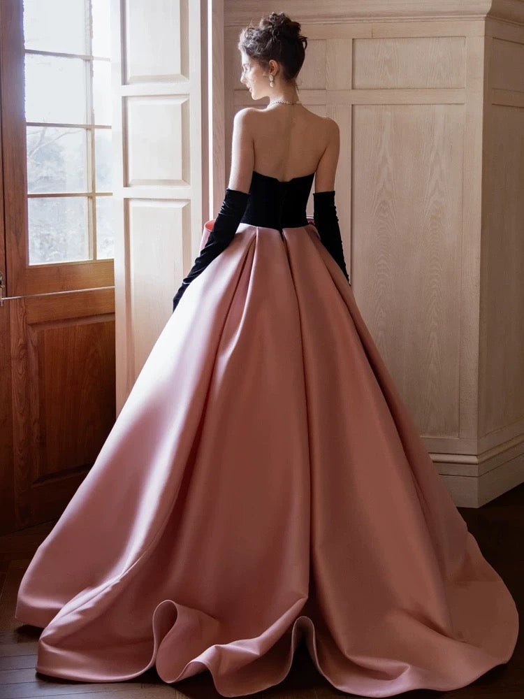 Modest Ball Gown Strapless Pink Prom Dress With Bow Long Evening Dresses