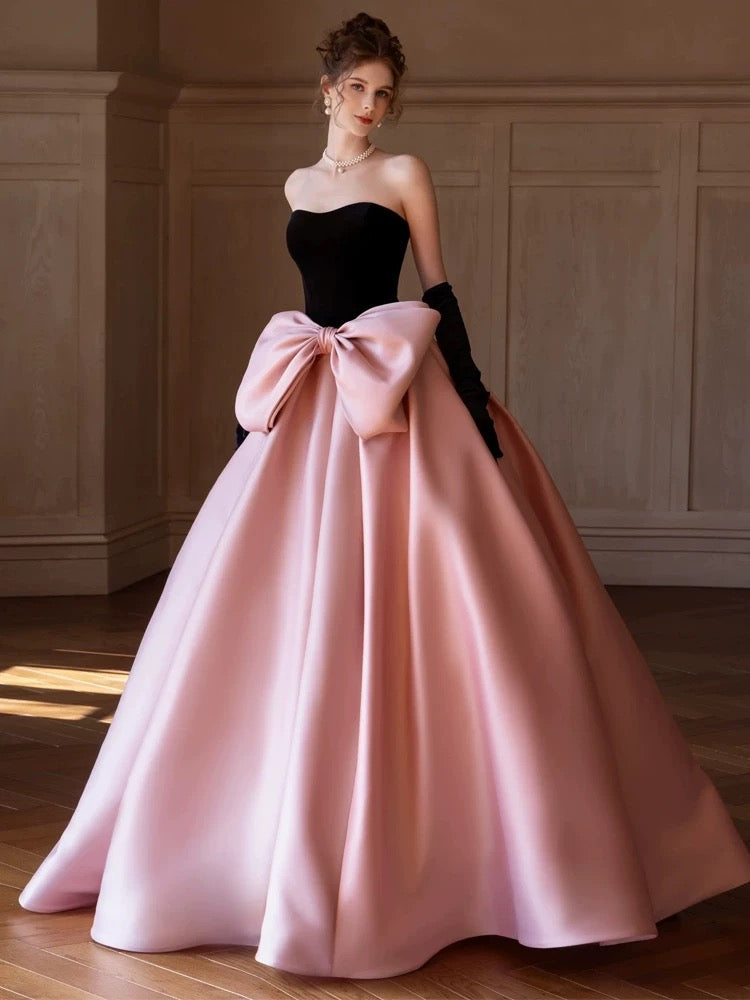 Modest Ball Gown Strapless Pink Prom Dress With Bow Long Evening Dresses