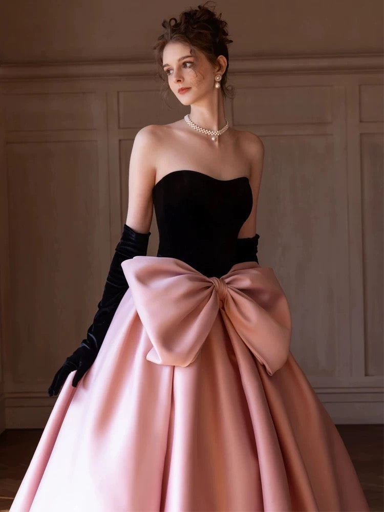 Modest Ball Gown Strapless Pink Prom Dress With Bow Long Evening Dresses