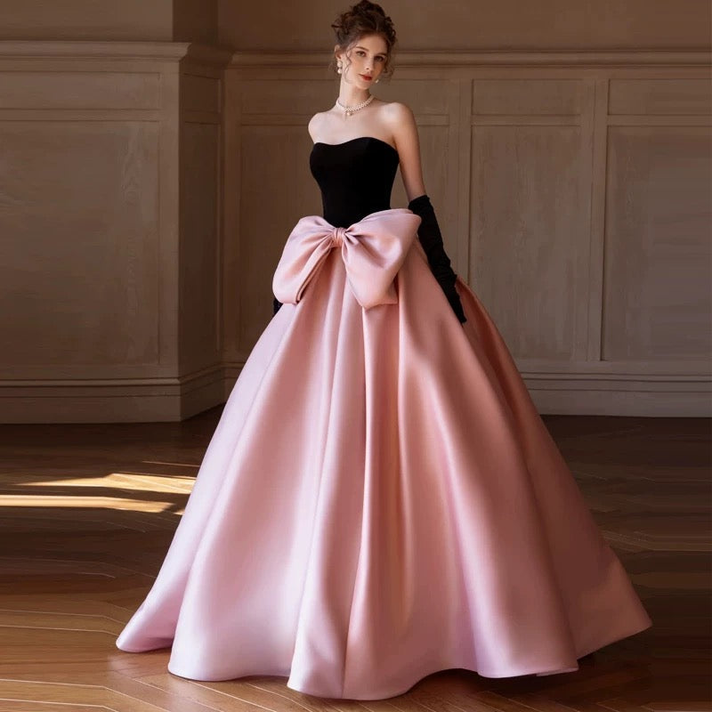 Modest Ball Gown Strapless Pink Prom Dress With Bow Long Evening Dresses