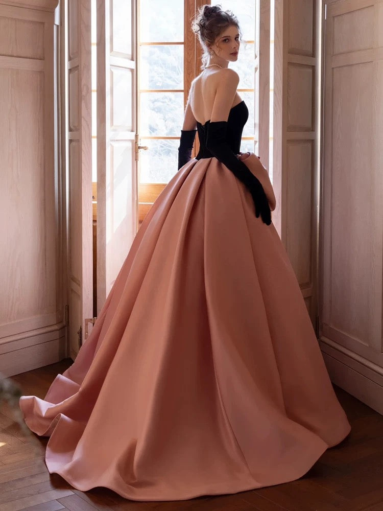 Modest Ball Gown Strapless Pink Prom Dress With Bow Long Evening Dresses