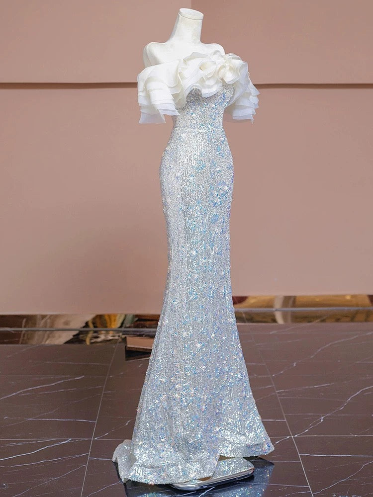 Elegant Sheath Off The Shoulder Silver Sequins Long Prom Dresses