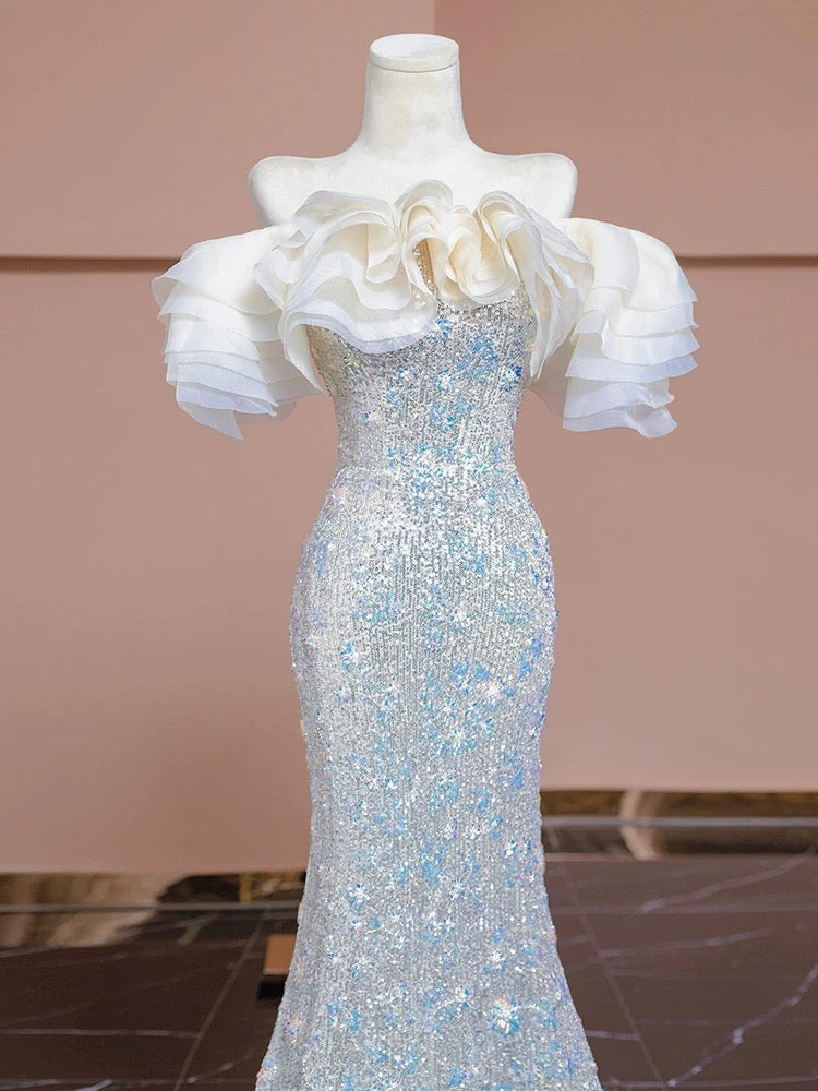 Elegant Sheath Off The Shoulder Silver Sequins Long Prom Dresses