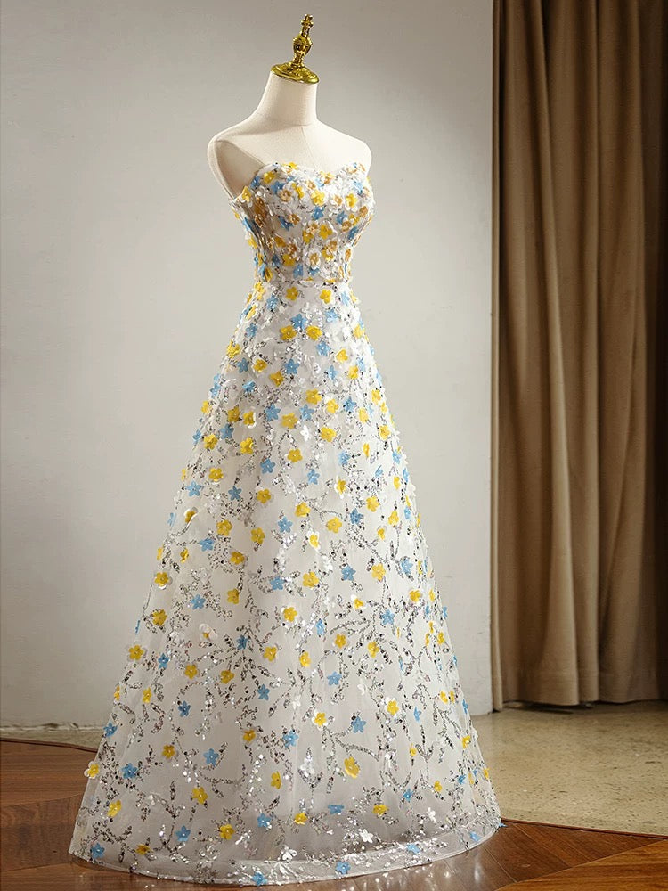 Modest A Line Sweetheart Flowers Sequin Prom Dress Long Evening Dresses