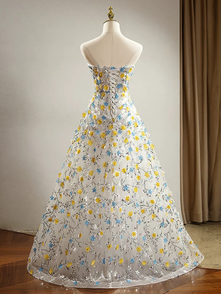 Modest A Line Sweetheart Flowers Sequin Prom Dress Long Evening Dresses