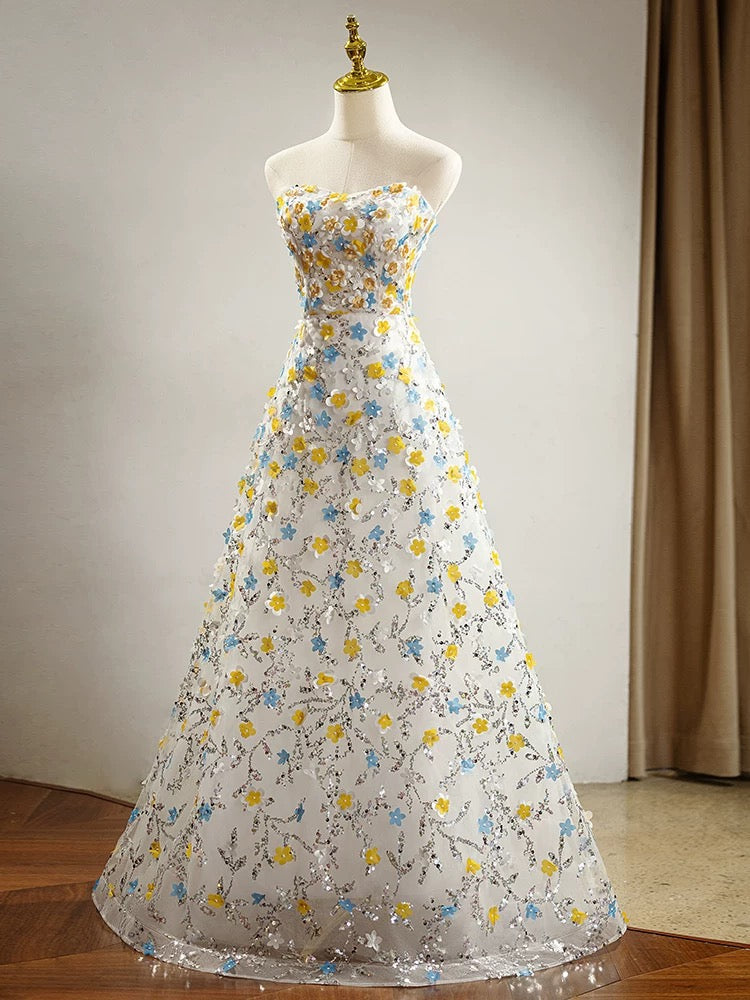Modest A Line Sweetheart Flowers Sequin Prom Dress Long Evening Dresses