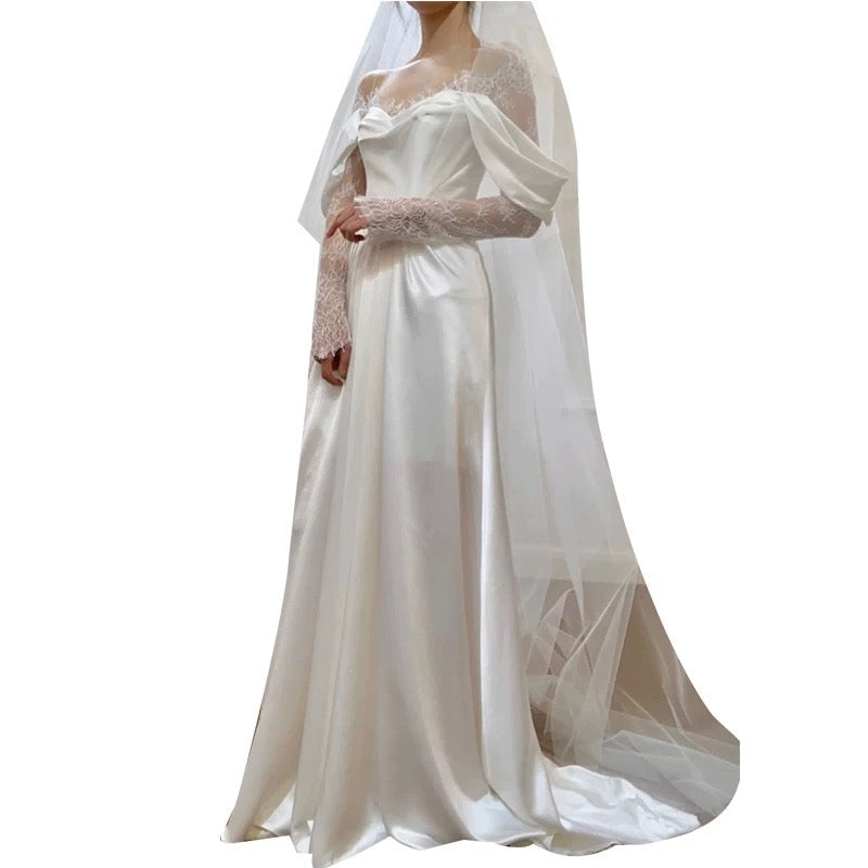Timeless A Line Off The Shoulder Long Lace White Wedding Dresses With Slit