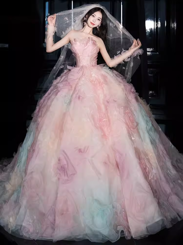 Cute Ball Gown Strapless Neckline Tulle Pink Flowers Wedding Dress
