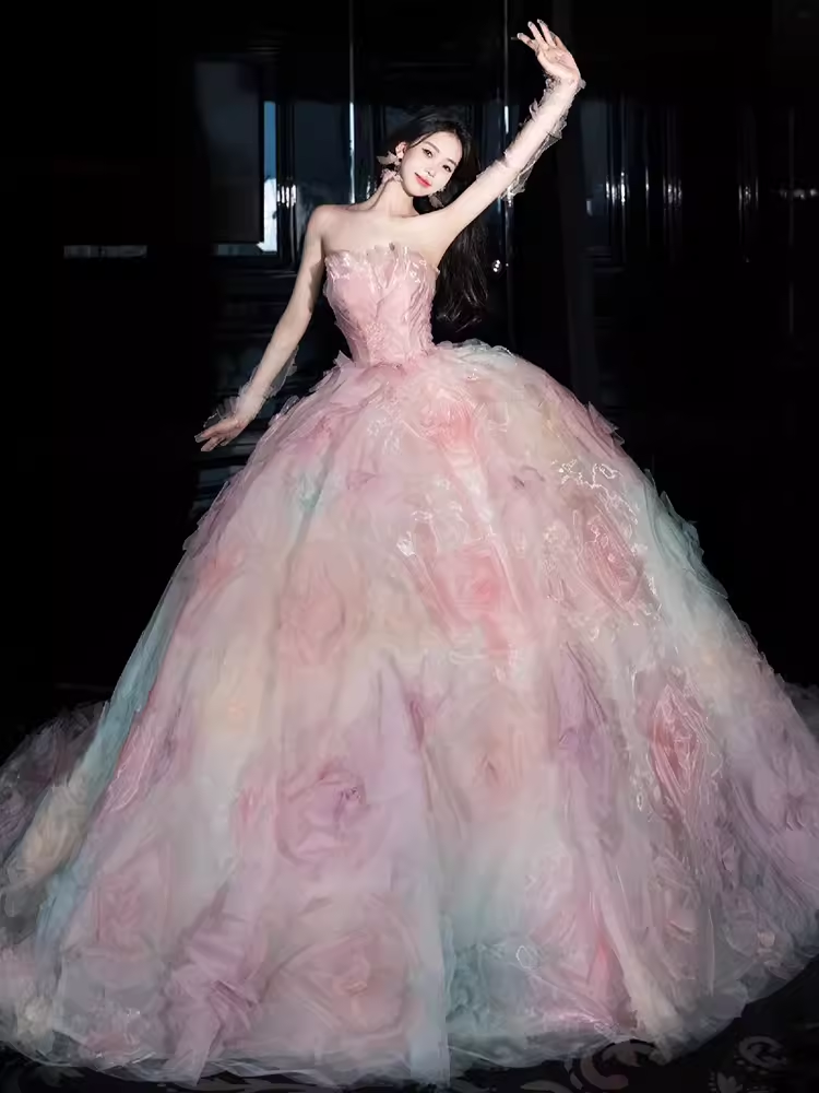 Cute Ball Gown Strapless Neckline Tulle Pink Flowers Wedding Dress