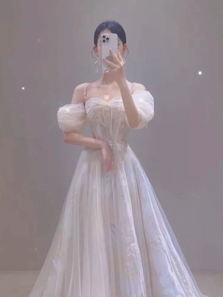 Timeless A Line Off The Shoulder Straps Long Lace White Wedding Dresses