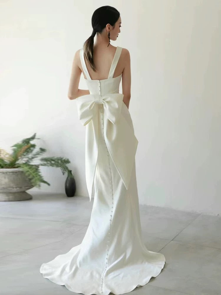Timeless Sheath Straps Long Satin White Wedding Dresses