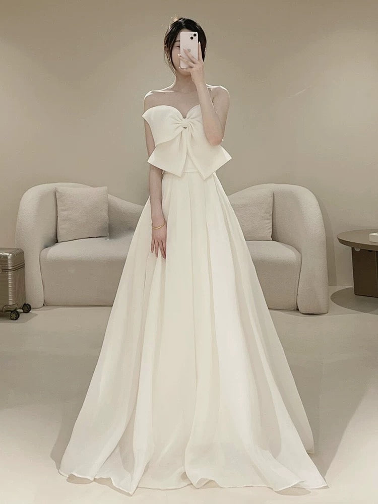 Timeless A line Strapless Long Satin White Wedding Dresses With Bow