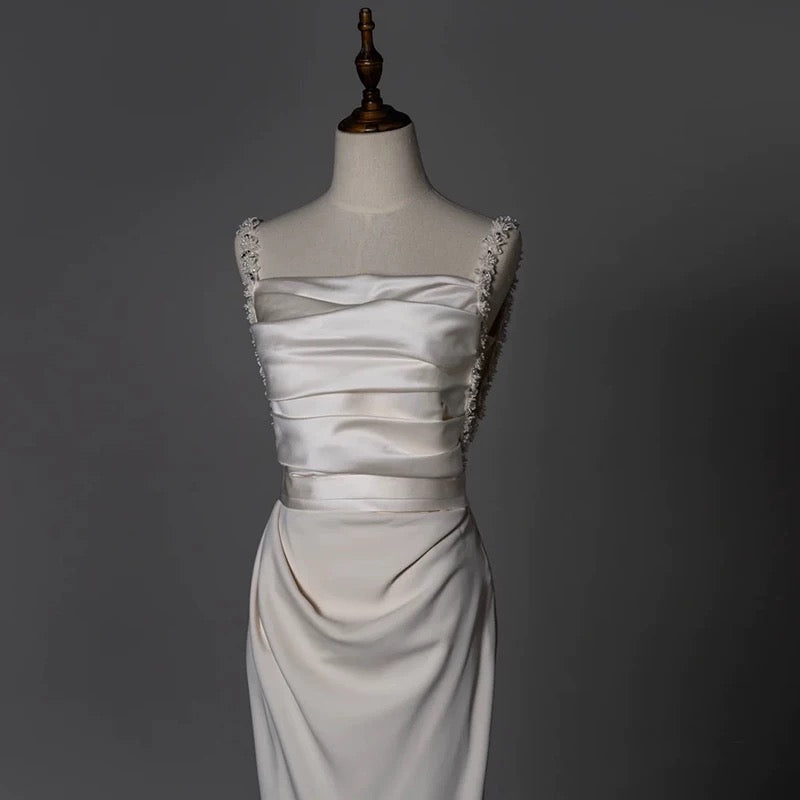 Timeless Sheath Straps Long Satin White Wedding Dresses With Beads