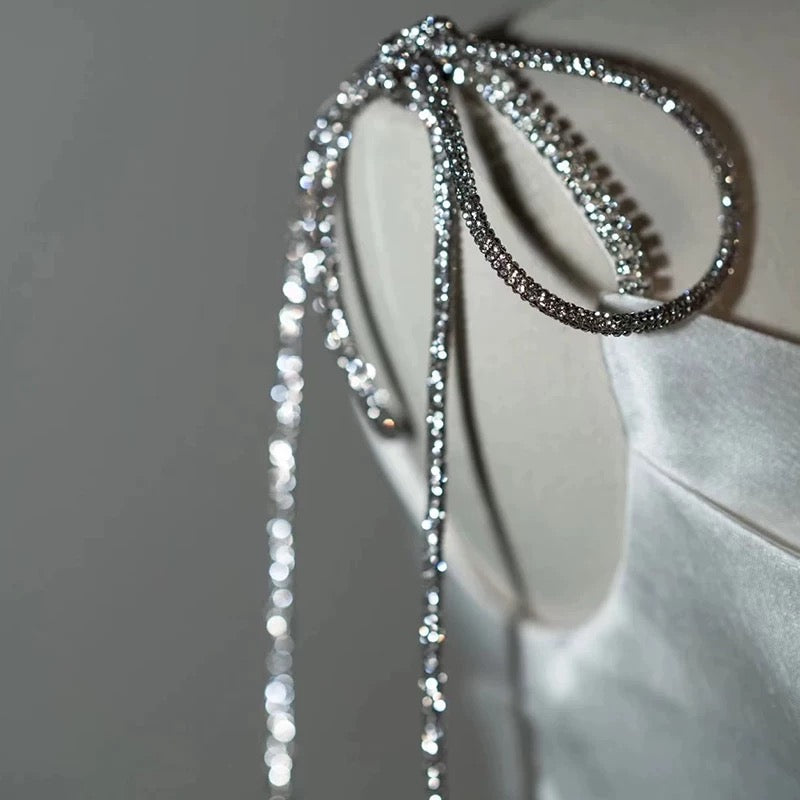 Timeless A line Sweetheart Long Satin White Wedding Dresses With Silver Beads
