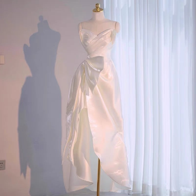 Simple High Low Sweetheart Long Satin White Wedding Dresses With Ruffles