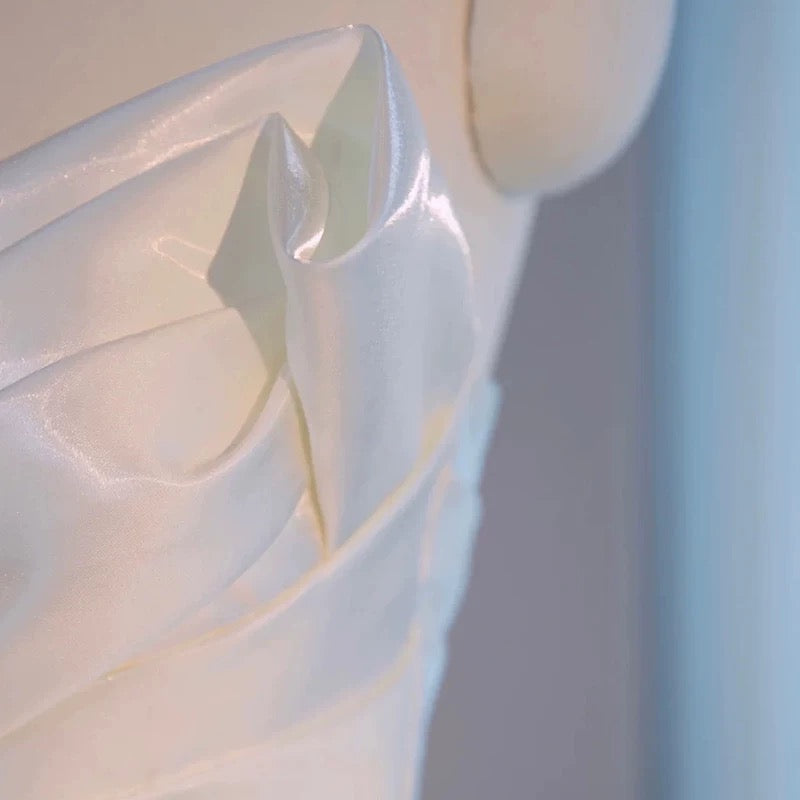 Simple High Low Sweetheart Long Satin White Wedding Dresses With Ruffles