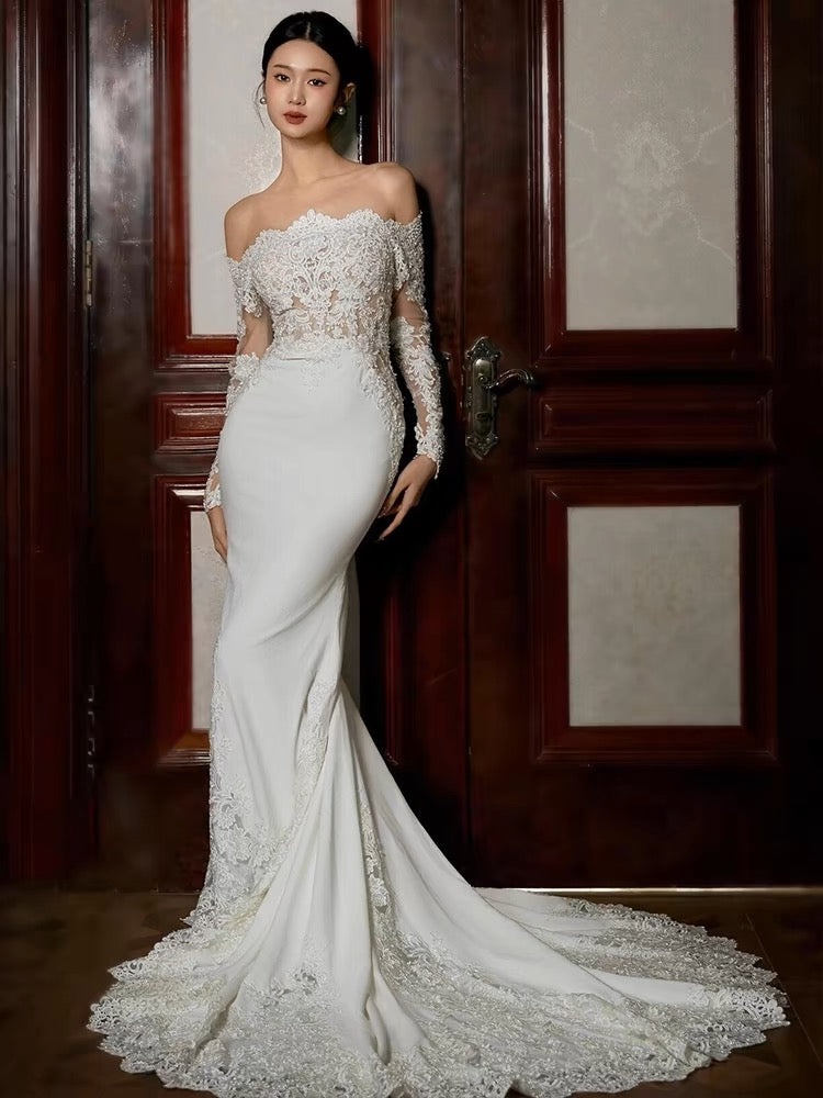 Unique Mermaid Off The Shoulder Lace Long Sleeves White Wedding Dresses