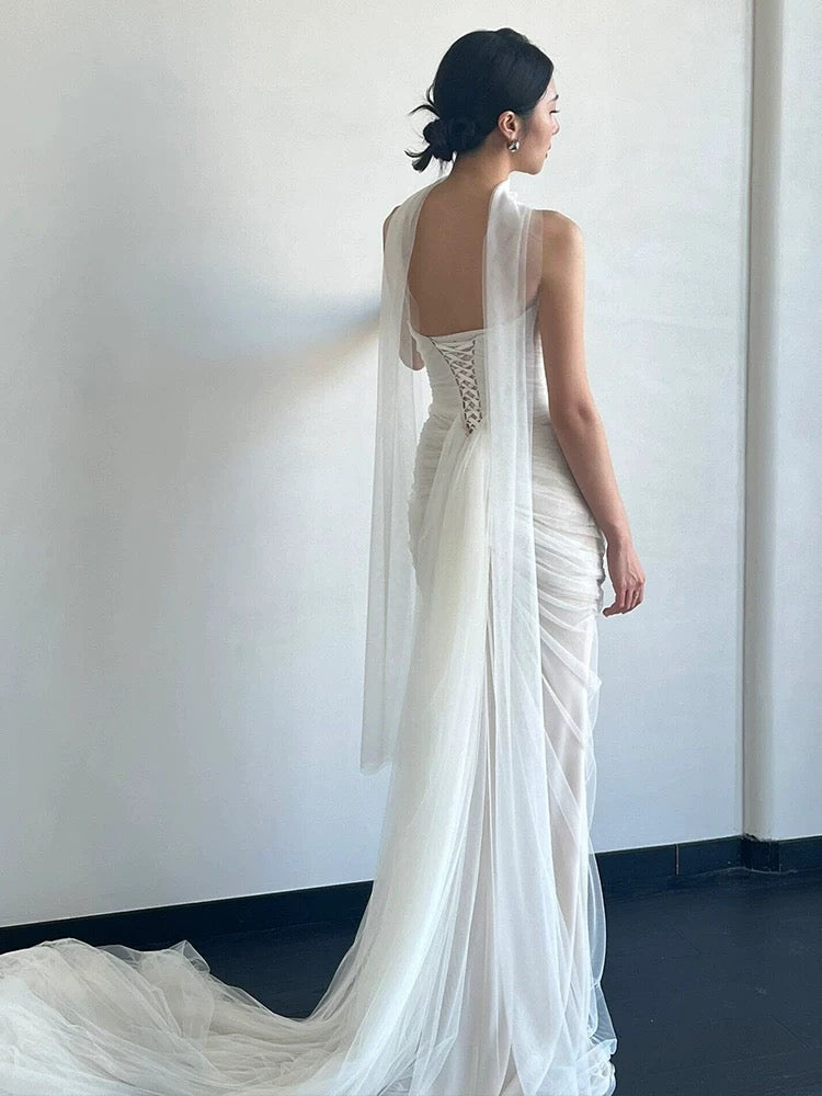 Unique Mermaid Strapless Tulle White Wedding Dresses With Ribbon