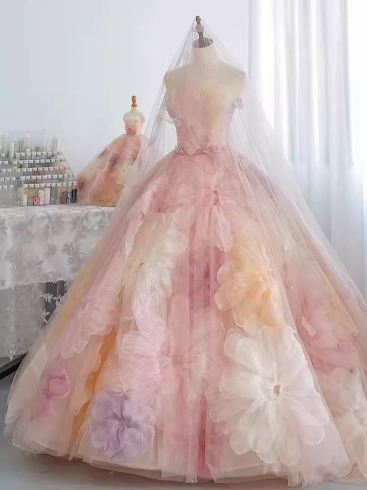 Cute Ball Gown Strapless Neckline Tulle Pink Flowers Wedding Dress